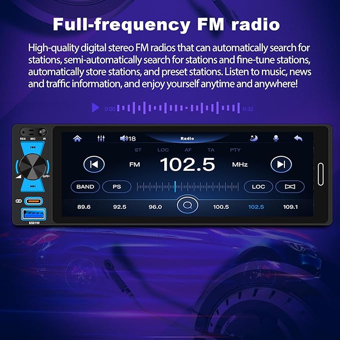 6.5" Single Din Car Stereo Wireless Apple CarPlay Android Auto, Car Radio Bluetooth 5.2, FM/AM/RDS, IPS HD Touchscreen, Type-C Fast Charging