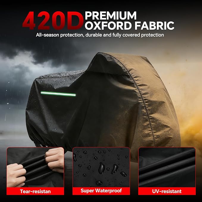 Motorcycle Cover, 420D Outdoor Storage Waterproof All Season Sun Protection Night Reflective with Adjustable Windproof Buckle Storage Bag Universal Fit up to 96.5" Motorbikes Vehicle Cover