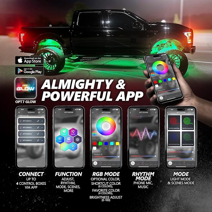 OPT7 Photon RGB LED Magnetic Rock Lights w/Bluetooth APP & Remote - 8 Pods Aluminum Frame Wide Angle Underglow Kit, IP68 Waterproof for Offroad Jeep SUV ATV UTV - Truck Decorations, Mothers Day Gifts