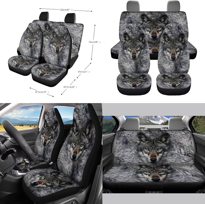 Gray Wolf Pattern 10 Pieces Car Accessories, Auto Seat Covers Full Set Steering Wheel Cover Cup Holders Car Garbage Can Air Vent Storage Bag Keychains Universal Fit for Most Cars