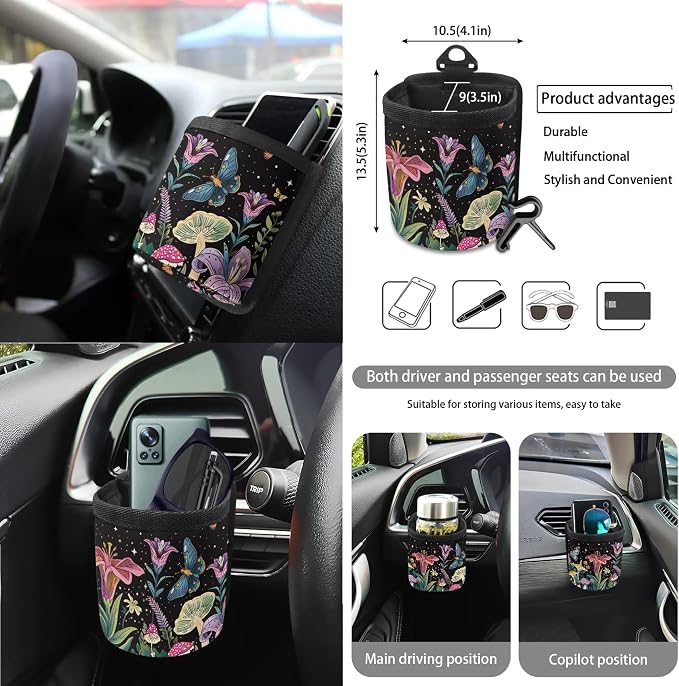 Galaxy Butterfly Floral Print Car Accessories Set of 15 Car Seat Covers Steering Wheel Cover Seatbelt Strap Pad Air Vent Storage Holder Trash Cans Rear View Mirror Cover Coasters Key Chain