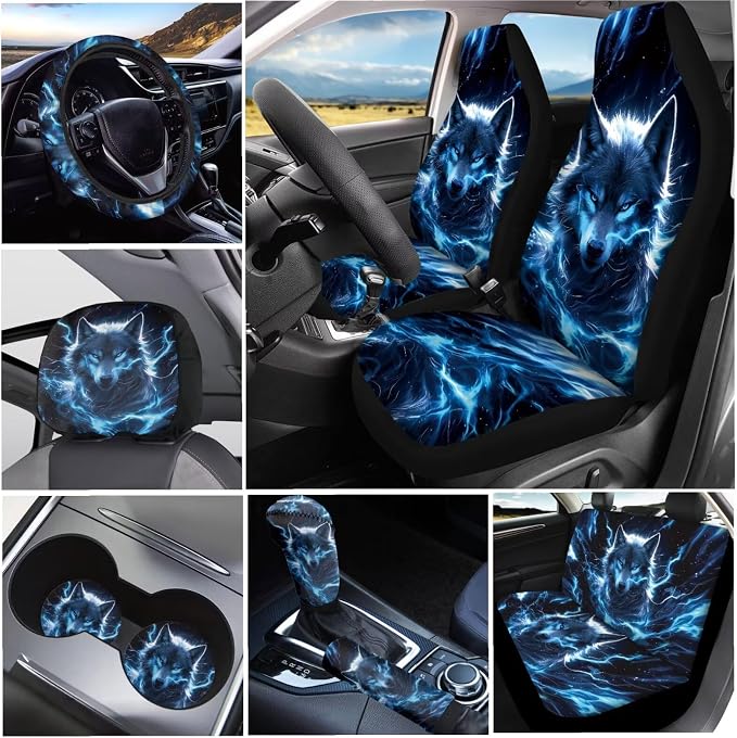 KEIAHUAN Blue Wolf Car Seat Cover Full Set for Men Includes Steering Wheel Covers, Car Holder, Handbrake and Gear Shift Knob Cover, Soft Auto Seat Head Rest Cover 11 Pieces