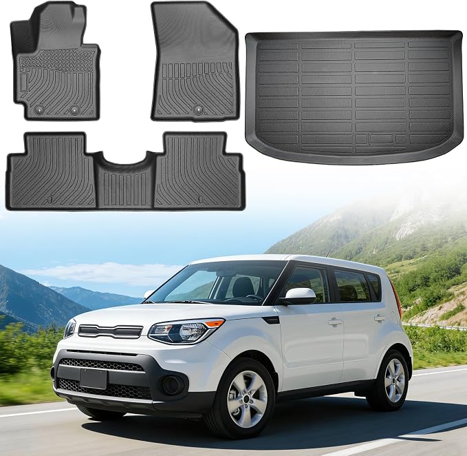 Floor Mats for Kia Soul 2014-2019 (Only for Base/Plus/Exclaim, Not for Hybrid or Turbo), TPE All Weather Protection, Waterproof Non-Slip Black for Front & Rear (Two-Row Floor Mats & Cargo Liner)