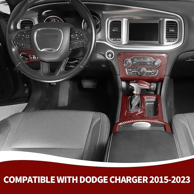RAZPOY 5PCS Red Carbon Fiber Interior Trim Kit Compatible with 2015-2023 Dodge Charger Accessories, Gear Shift Cup Holder Cover Headlight Switch Air Conditioning Panel Trim