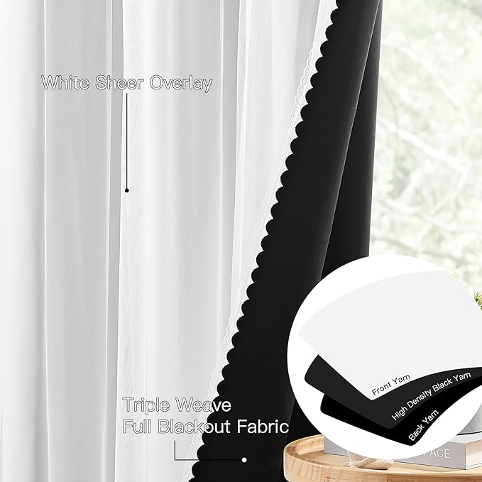 XiDi White Blackout Curtains with Sheer Overlay for Bedroom 63 Inches Long 2 Panels 100% Black Out Double Layer Curtains Thermal Insulated Room Darkening Grommet Short Drapes Greyish White 34W x 63L