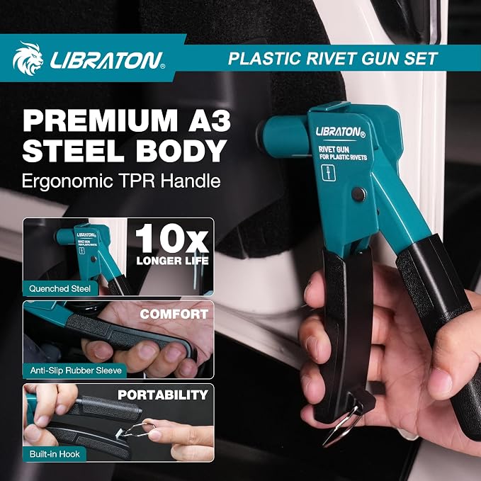 LIBRATON Plastic Rivet Gun Kit with Fastener Remover, 90 Degree Angle Hand Riveter with 40Pcs Nylon Rivets (4 Sizes) & Pry Tool, Universal Nosepiece for Automotive, Ergonomic & 50% Lighter Force