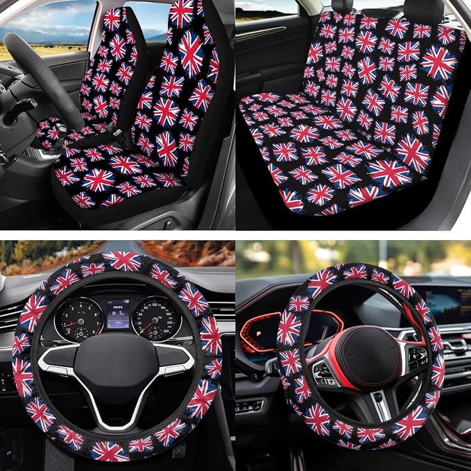 Union Jack 12 Pcs Car Seat Covers with Steering Wheel Cover,Seat Belt Covers Cup Holder with Keychain Automotive Protector Set Unverisal Fit Cars SUV