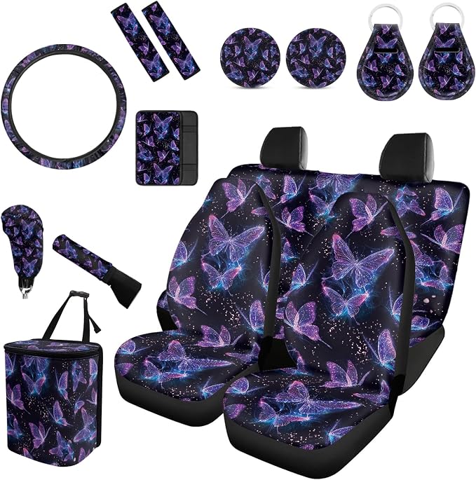 Forchrinse Bling Bling Butterfly Car Seat Covers for Women 15Pcs Auto Accessories Set with Butterfly Steering Wheel Cover,Shoulder Pad,Trash Can for Most Cats