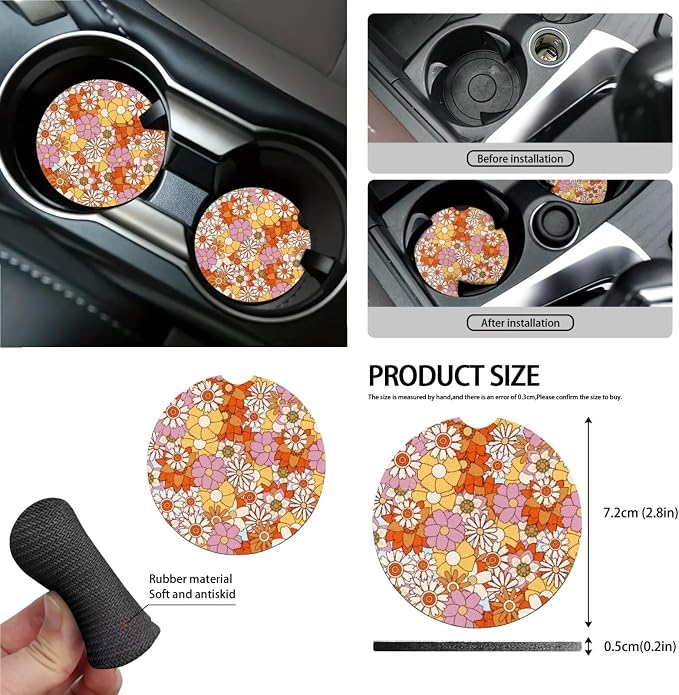 Car Seat Covers 13PCS Car Accessories Steering Wheel Covers+Seat Belt Pads+Coaster+Key Ring+Lipstick Holder Auto Interior Decor,Black, Vibrant Hippie Floral Print
