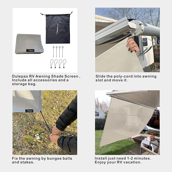 Dulepax RV Awning Shade Screen with Zipper 8'X19'3'' -Second Generation RV Awning Screen Significantly Improves Shadew and Privacy.Universal RV Awning Sun Shade Screen with Complete Kits