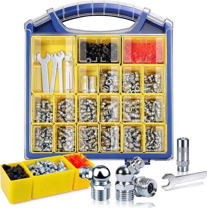 OURU Grease Fittings Assortment Kit with DlY Tool Storage Box Organizer, 330PCS SAE & Metric Grease Zerk (Straight/45°/90°) with Standard Couplers, Dust Caps & 7-11mm Wrench Set for Grease Gun