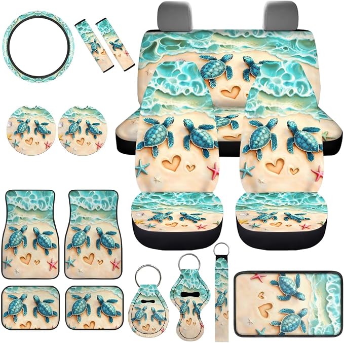 Sea Turtle Car Cover Seat Full Sets of 17 Pcs Green Sea Turtle Car Accessories Set with Steering Wherl Cover Seat Belt Cover Pad Car Mats Full Set Animal Vehicle Seat Covers Accessories