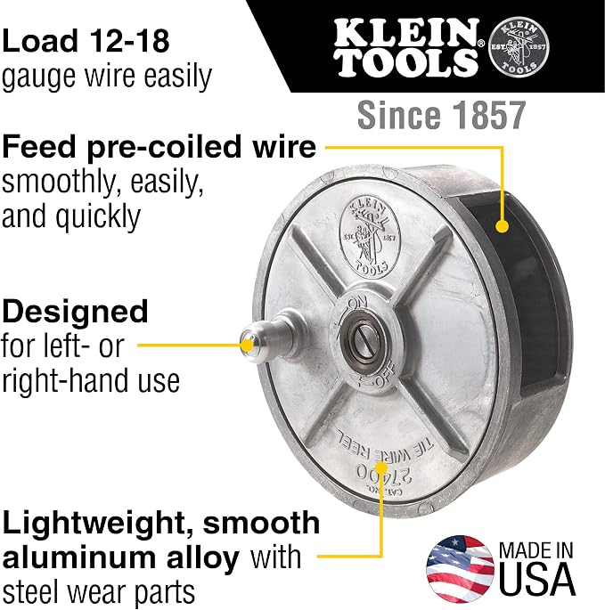 Klein Tools D248-9ST Pliers, Ironworker's Diagonal Cutting Pliers, 9-Inch & 27400 Tiewire Reel, Lightweight Aluminum, Left Handed and Right Handed with Rewind Knob