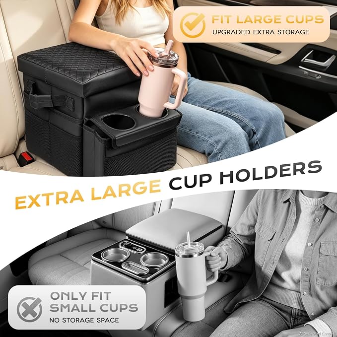Foldable Bench Seat Center Console, Car Armrest Organizer Box with 2 Large Cup Holders & Massive Storage, Universal Portable Trunk Console Arm Rest for Car/Truck/Van/SUV Rear Organizers Back Seat