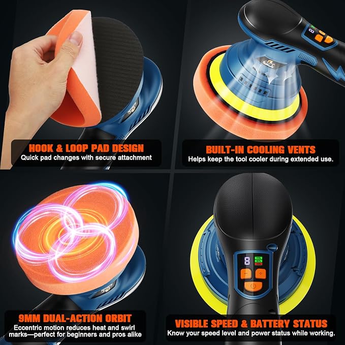 Cordless Car Buffer Polisher kit, 21V Dual 2000mAh Batteries, 8-Speed Orbital Polishing Machine with LED Display, 18PCS Kit for Car Detailing, Wax & Scratch Repair