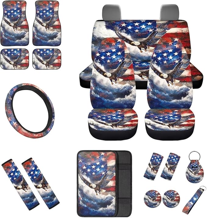 18pcs Car Accessories Set Car Seat Covers Steering Wheel Cover Auto Floor Mats Armrest Pad Covers Seat Belt Pads Roof Handle Wraps Cup Coaster Keychain (Eagle American Flag Design)