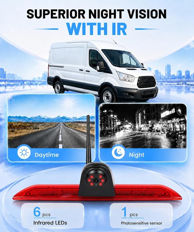 7'' Monitor Rear View Cam for Ford Transit 2014–2018,3rd Brake Light Replacement Cam,Black&White Night Vision,IP67,BSD Blind Spot Detection, Loop Recording,Parking Guide Lines,Adjustable Viewing Angle