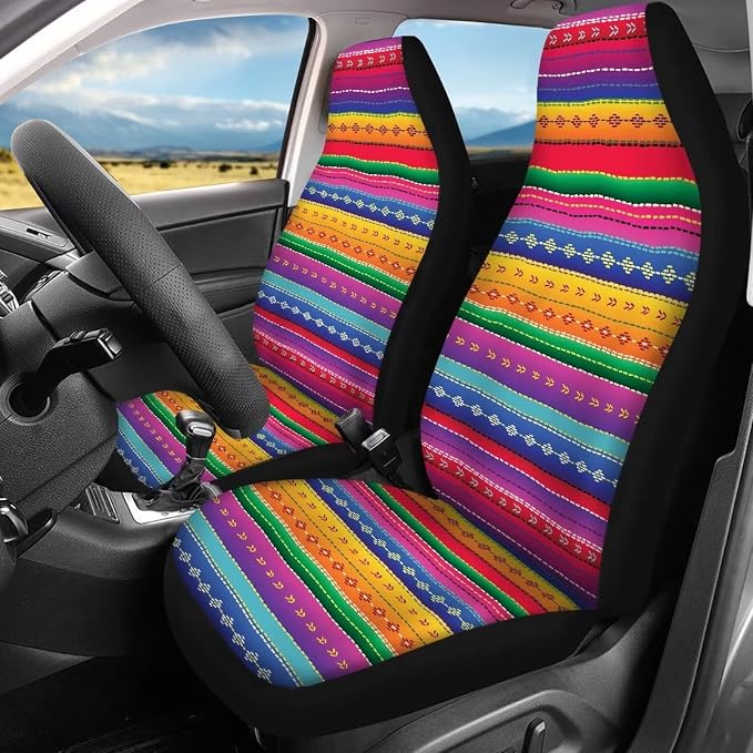 Universal Baja Saddle Blanket Colorful Stripe 12 Pcs Auto Accessories Car Seat Covers Full Set,Steering Wheel Covers,Seat Belt Pads,Key Chain,Lipstick Holder and Coaster for Vans Car