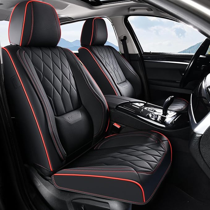 FLORICH Seat Covers Car Seat Covers Full Set Leather Seat Cover Front and Rear Luxury Waterproof Non-Slip Seat Protector Cushion Universal Fit for Most Cars Sedans Trucks SUV, Black&Red Line
