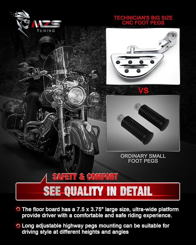 MZS Motorcycle Highway Pegs, 1.25" Long Angled Adjustable Touring Wide Foot Peg Mount Chrome Compatible with Softail Sportster Electra Road Glide Road King Street Glide for 1 1/4 Engine Guards Bar
