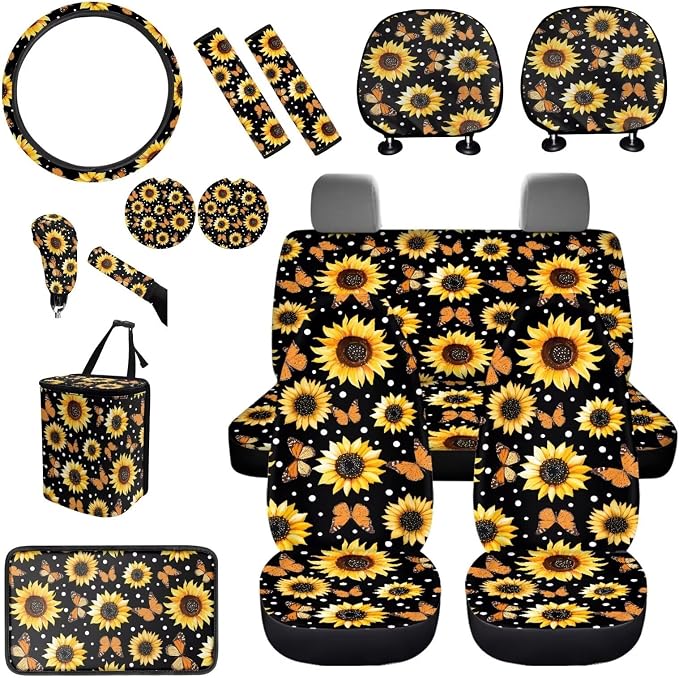 BIGCARJOB Sunflower Car Seat Accessories Full Set 15 Pcs Sunflower Seat Cover for Cars Front and Rear Handbrake Cover,Headrest Pillow Cover,Seat Belt Pads,Universal Fit
