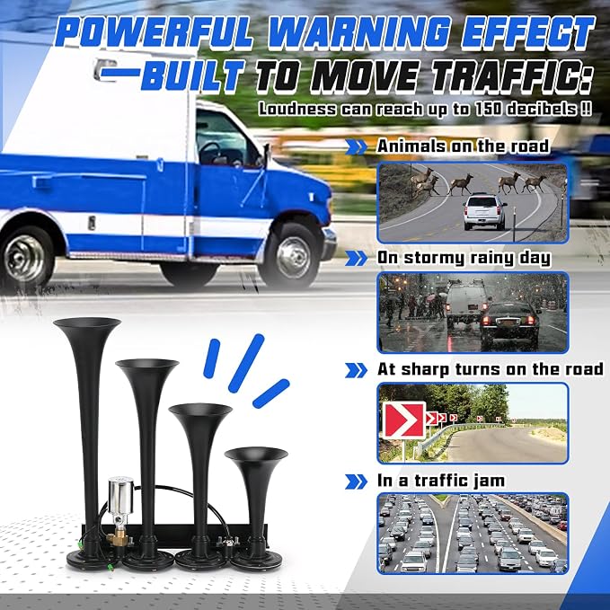 PTNHZ 150DB Train Horns Kit 12V 150PSI Air Compressor Tank Pump w/6 Liter 1.6 Gallon Tank + Super Loud Black 4 Single Row Trumpet For Train Truck Boat Pickup Motorhome