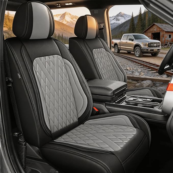 Truck Seat Covers Front Set Fit for 2009-2026 Ford F150 & 2017-2026 F250/F350/F450 Super Duty Waterproof Leather Seat Protectors Scratch-Resistant (Black & Gray)