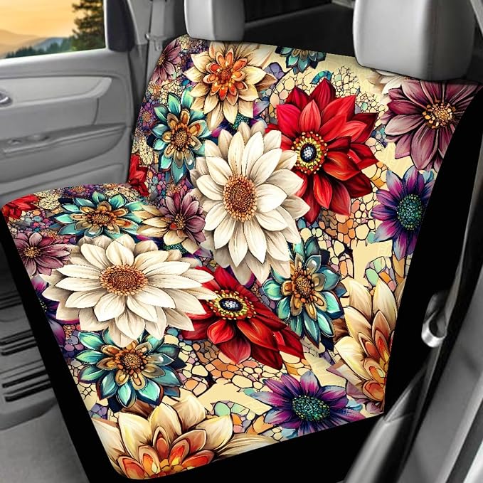 Hippie Lotus Car Seat Covers Full Sets with Front and Split Rear Bench Steering Wheel Cover Car Floor Mats Set of 4 Mandala Lotus Car Accessories Set 17 Pcs Universal Fit for Most Car SUV