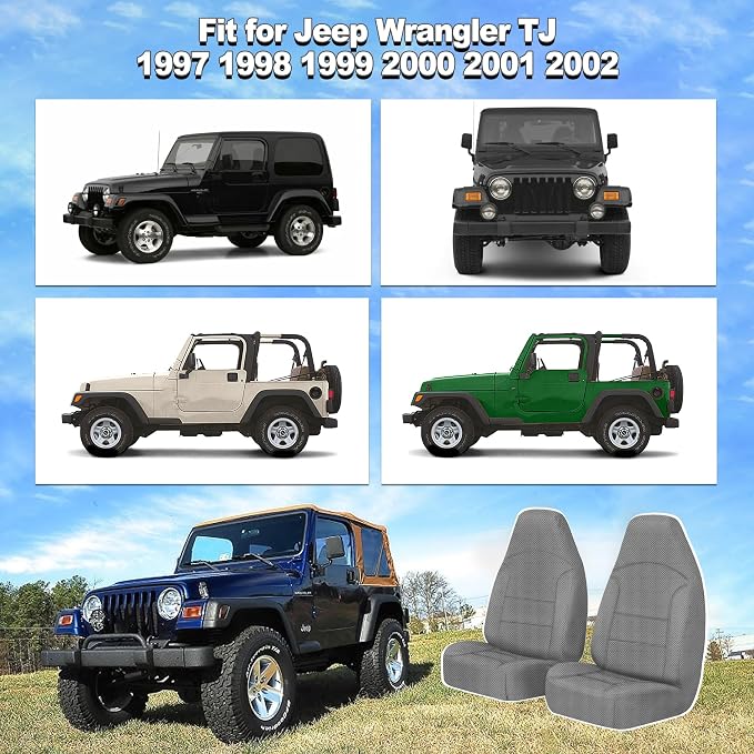 Custom Seat Covers for Jeep Wrangler TJ 1997 1998 1999 2000 2001 2002 Heavy Duty Cloth Protector Interior Accessories，Waterproof & Machine Washable, Foam Padded - Gray（Front）