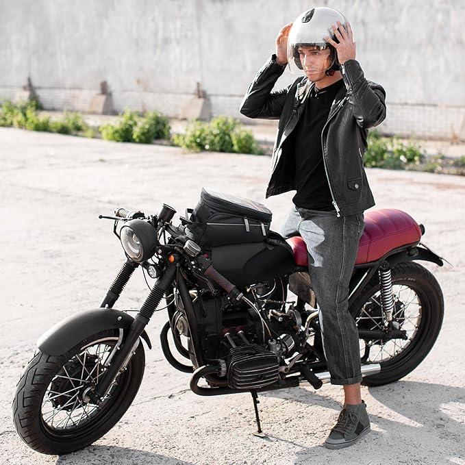 Motorcycle Tank Bag - Durable Water-Resistant Black Tank Bag with Ample Storage - Charging Cable Access, Non-Scratching Design, Universal Fit - Easy Removal for Adventure and Daily Rides
