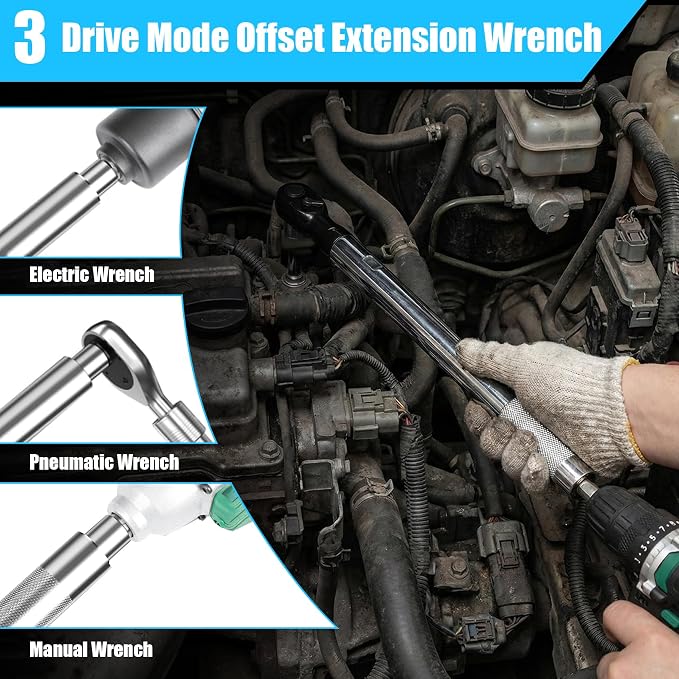 Offset Extension Wrench, 1/2'' Electric Offset Extension for Tight Spaces - 3 in 1 Manual/Electric/Pneumatic Wrench that Can Be Switched, Suitable for Use in Any Narrow Spaces