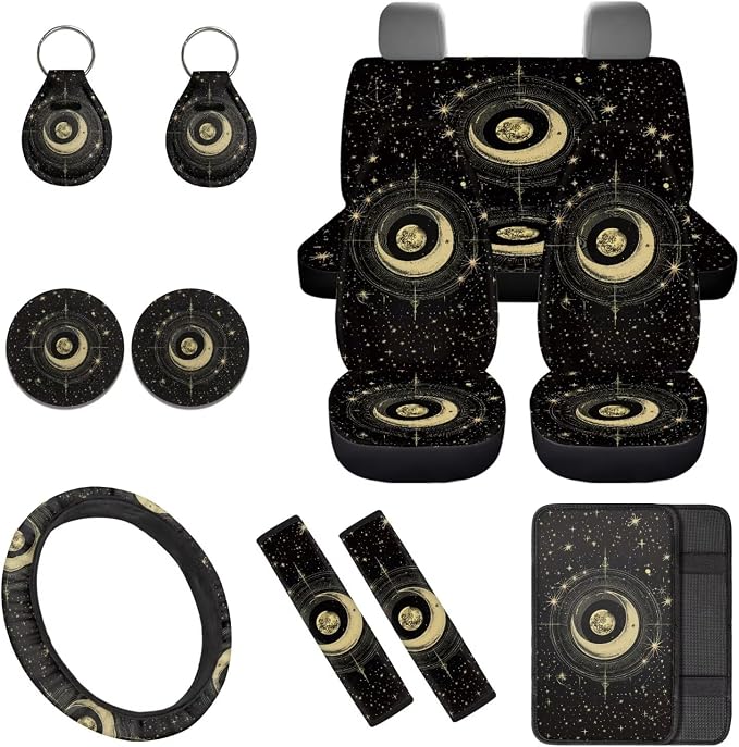 Gothic Moon 12 Pcs Car Seat Covers with Steering Wheel Cover,Seat Belt Covers Cup Holder with Keychain Automotive Protector Set Unverisal Fit Cars SUV