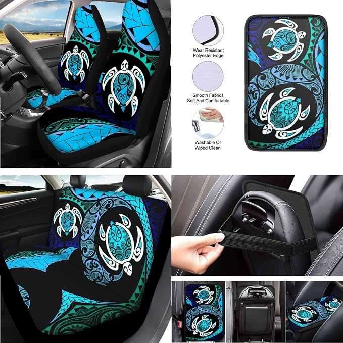 Hawaii Sea Turtle Print 13 PCS Car Seat Covers Full Set Tribal Turtle Arrow Swirl Zigzag Car Front Back Seat Cover Steering Wheel Cover Fit Auto SUV Trucks, Turquoise