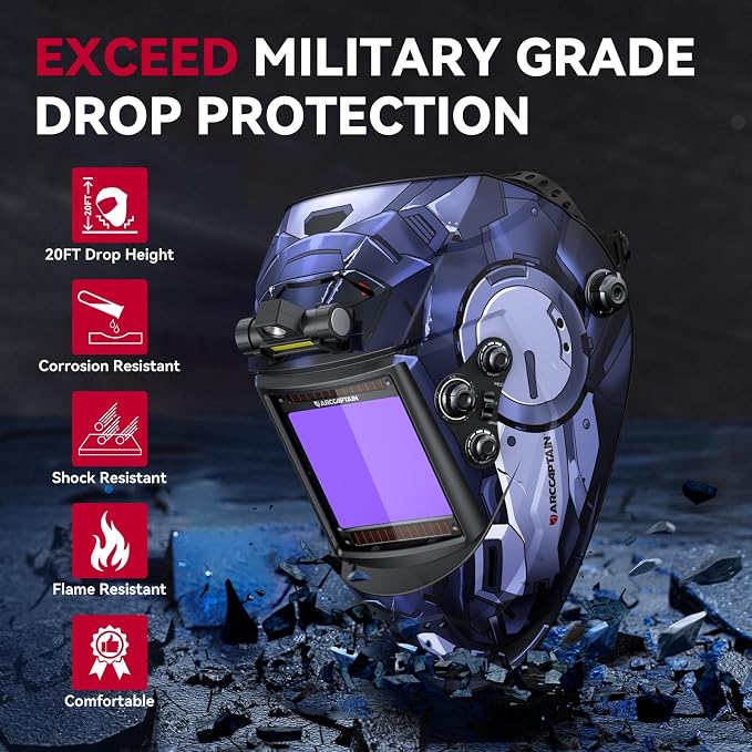 ARCCAPTAIN Large View 3.94" x 3.66" True Color Auto Darkening Welding Helmet with Light, Solar Powered Welding Hood, 4 Arc Sensor Wide Shade 4/5-9/9-13 for Stick MIG TIG Cut, ST