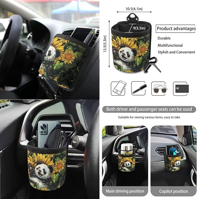 Panda Sunflower Print Car Accessories Set Car Seat Covers Seat Belt Strap Pad Steering Wheel Cover Air Vent Storage Bag Rear View Mirror Cover Trash Cans Coasters Keychain, 15 PCS