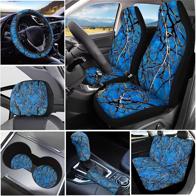KEIAHUAN Blue Branch Camo Auto Accessories Cars Seat Covers Includes Steering Wheel Cover Headrest Cover Gear Shift Cover Handbrake Cover Cupholder Coaster Universal Fit 11 Pcs for Women Men