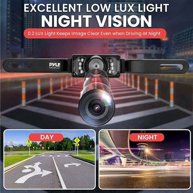 PYLE BACKUP CAR CAMERA, 7" LCD DISPLAY, NIGHT VISION, WATERPROOF, DISTANCE SCALE LINES - COMPLETE SYSTEM WITH ALL NECESSARY CABLES AND WIRING, LICENSE PLATE MOUNTABLE, AUTO SWITCH PAL/NTSC