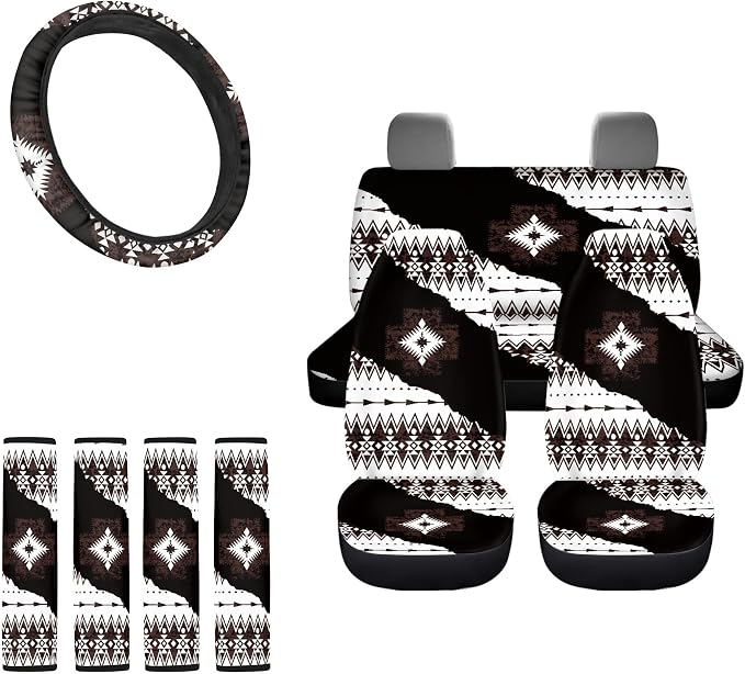 Aztec Najavo Auto Seat Covers Full Set with Steering Wheel Cover Shoulder Pads, Bucket Car Seat Covers Car Accessories Universal Fit for Most Cars, Black and White