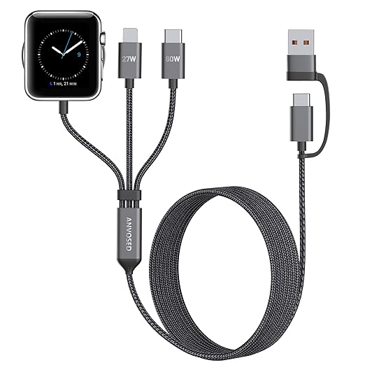 60W Fast Charging Cable for Apple Watch Charger, 6-in-1 Portable Multi Charging Cable for Apple Watch Series 1–11/SE/Ultra (Black, 120)