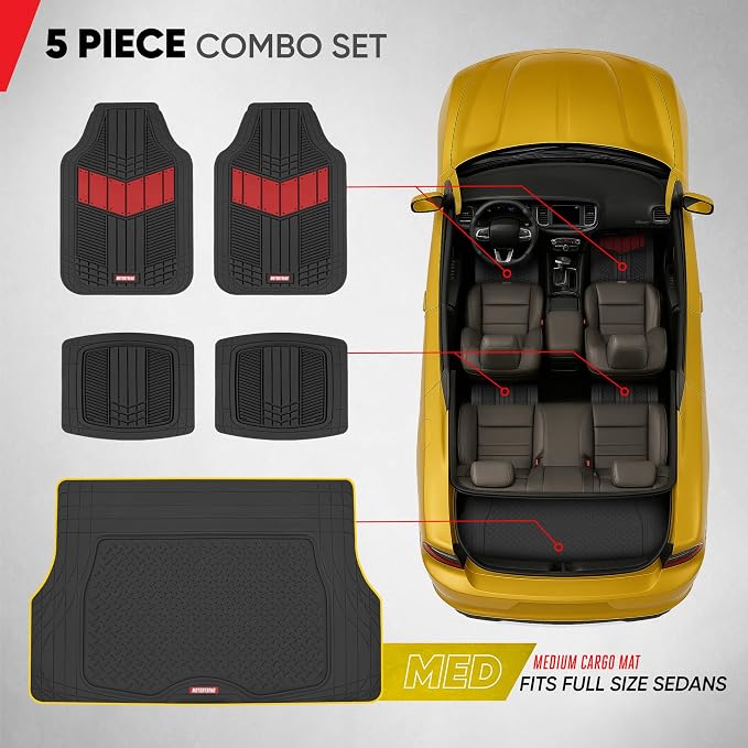 Motor Trend DualFlex Red Floor Mats for Cars & Cargo Mat Full Set - All Weather Front & Rear Rubber Automotive Floor Mats & Cargo Liner for SUV, Car, & Van - Interior Trunk Mat & Floor Cover