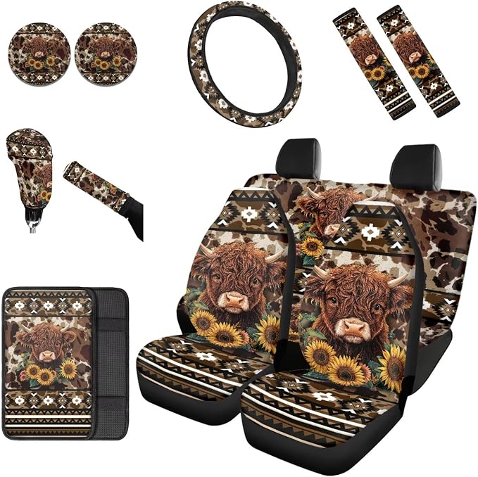 Dreaweet Aztec Brown Cow Print Car Seat Covers Full Set Cute Sunflower Highland Cow Car Accessories,Car Steering Wheel Cover Armrest Cover Seat Belt Pads Cup Holders Gear Shift Cover Handbrake Cover