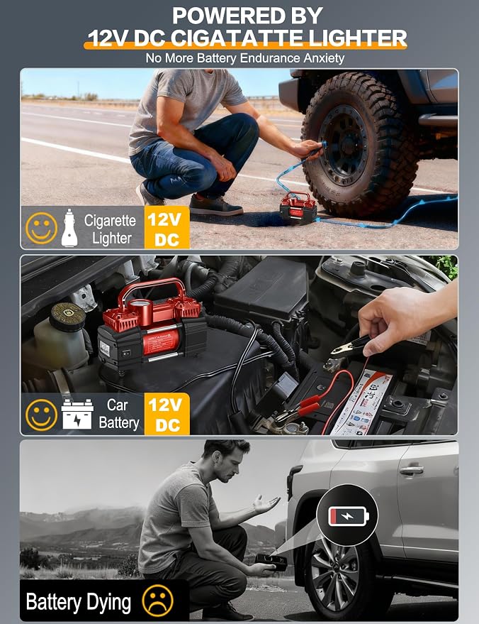 GSPSCN Heavy Duty Digital Tire Inflator 12V Portable Air Compressor Pump | 6X Faster Inflation Auto Shut-off Double Cylinders Metal Air Pump 150Psi with LED Light for Pickup,Truck,Car,Bicycles,RV,SUV