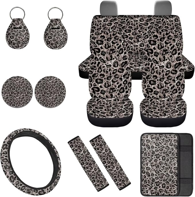 Gray Leopard Print 12 Pack Car Seat Covers Full Set with Steering Wheel Accessories Car Seat Belt Cover Arm Rest Cover Car Cup Coasters Universal Fit for Most Cars,SUVs