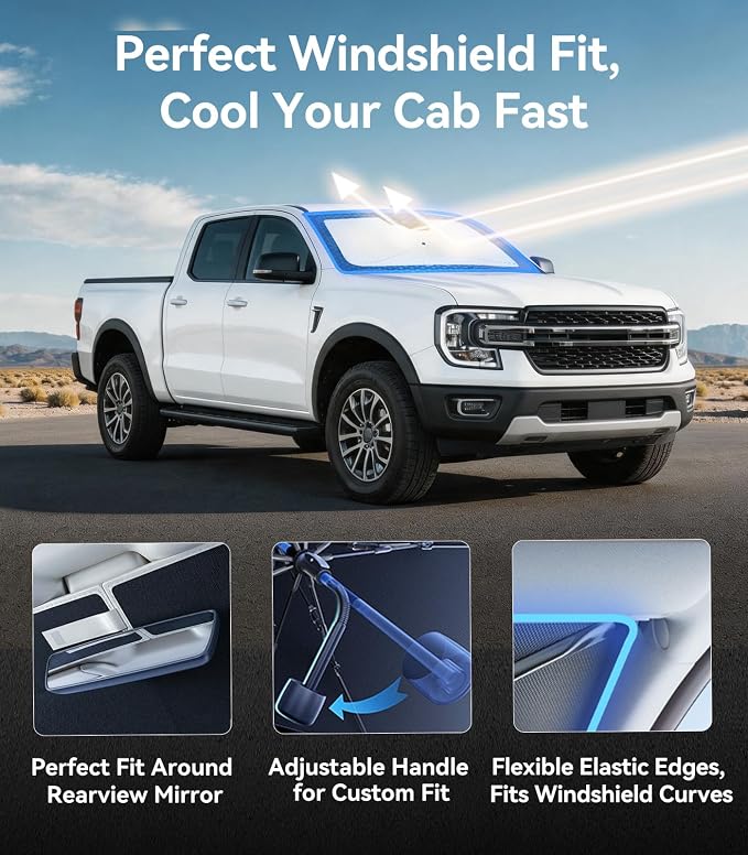 Nmoiss [Vinyl Coating Heat Shield] Windshield Sun Shade Umbrella Custom for Ranger, Protect Car from Sun Rays & Heat Damage Keep Cool and Protect Interior