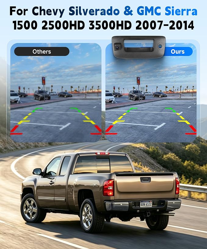 Backup Camera with Tailgate Handle Compatible with 2007-2014 Chevrolet Chevy Silverado,GMC Sierra Truck 1500 2500 3500,Bezel Trim & Lock Cylinder Tailgate Parts #22755304,140° Viewing Angle Waterproof