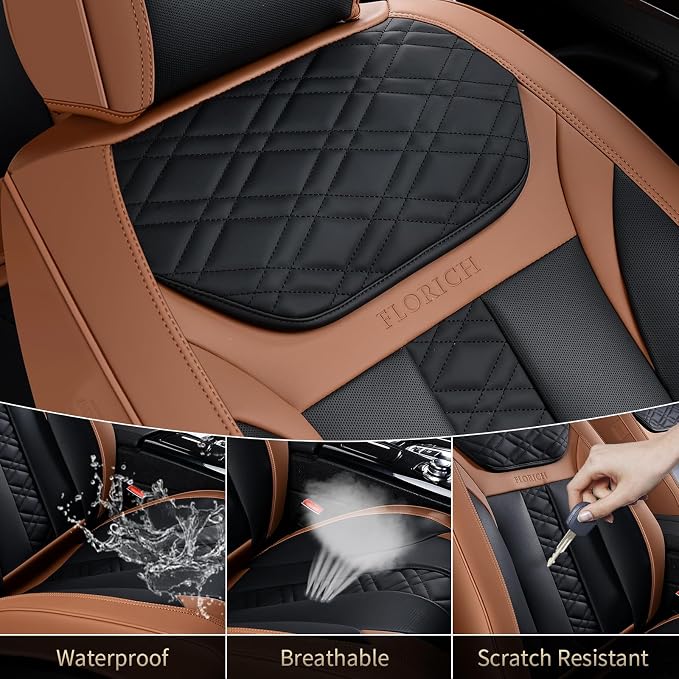 FLORICH Seat Covers, Atomutive Car Seat Covers Full Sets, Waterproof Seat Cover for Cars, Luxury Leather Universal Seat Cover Accessories Fit for Most Cars SUV Truck Sedans(Brown)