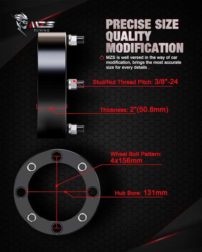 MZS 4x156 Wheel Spacers, 2" Thick 131mm Bore 3/8"-24 Studs Compatible with Ranger RZR Sportsman Xplorer 400 500 600 700 800 - ATV 4 Lug for Lakota KSF 250 KXT 250, Black Set of 4