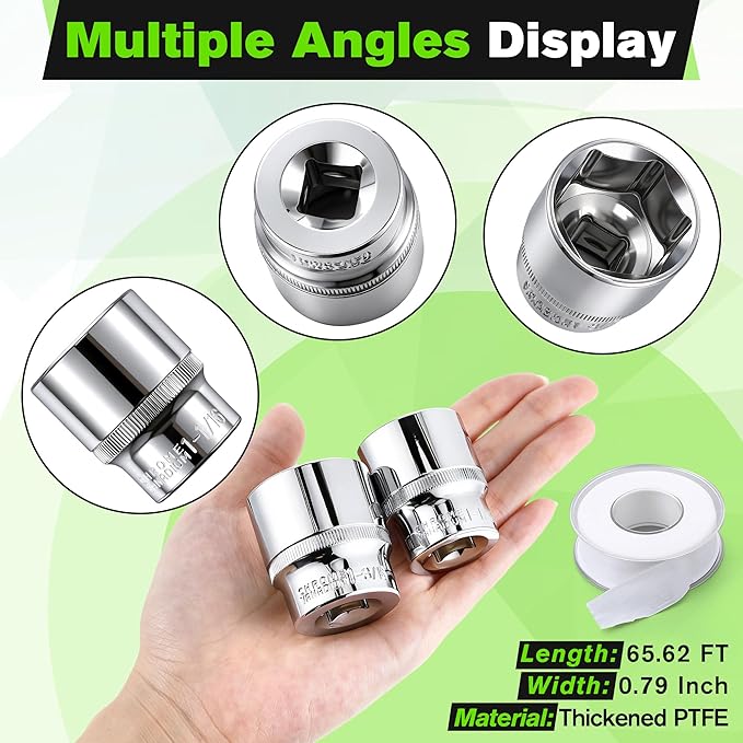 Dreyoo Anode Rod Socket Wrench Kit, 1-1/16" & 1-3/16" Short Socket Set with PTFE Tape, 1/2" Drive 6-Point Chrome Vanadium Sockets for Water Heater and Corro-Protect Powered Anode Rod Installation
