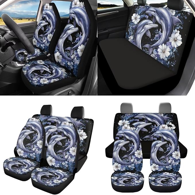 8 Pcs Floral Dolphin Car Seat Covers Full Set Car Accessories for Women Front Seat Cover Steering Wheel Armrest Cover Seat Belt Cover for Auto SUV Interior Decoration
