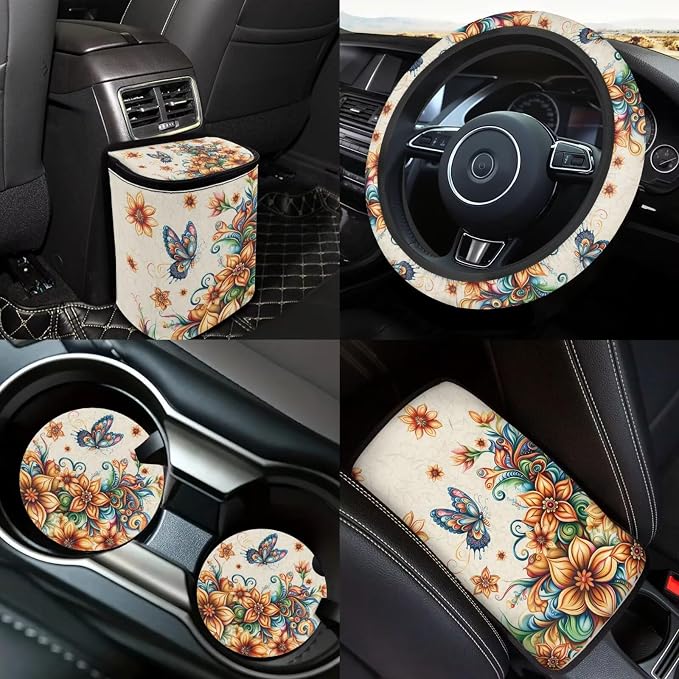 Butterfly Boho Flower Car Seat Covers Full Set Butterfly Flower Car Accessories Set for Women Boho Car Seat Belt Pads Cover Steering Wheel Cover Car Trash Can Car Headrest Covers Universal